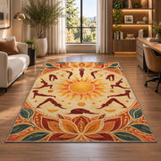 sun salutation yoga rug in a living room with a desk and large windows