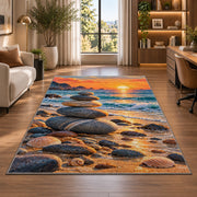 balanced stones beach rug in a living room with a desk and large windows