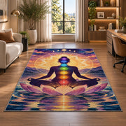 chakra meditation rug in a living room with a desk and large windows