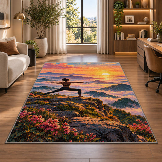 warrior pose mountain rug in a living room with a desk and large windows