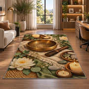 singing bowl meditation rug in a living room with a desk and large windows