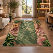 yoga mat flat lay rug in a living room with a desk and large windows
