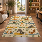 dogs doing yoga rug in a living room with a desk and large windows