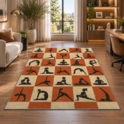 yoga poses checkered rug in a living room with a desk and large windows