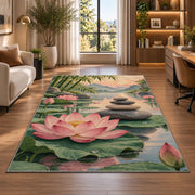 zen stones and lotus rug in a living room with a desk and large windows