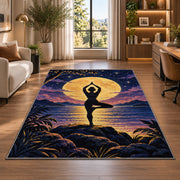moonlight tree pose rug in a living room with a desk and large windows