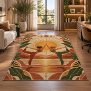 partner yoga boho rug in a living room with a desk and large windows