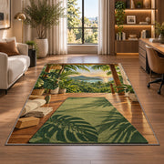 tropical yoga deck rug in a living room with a desk and large windows