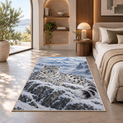 Snow Leopard Mountain Rug in a bedroom with an arched window