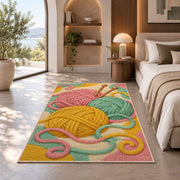 Yarn Balls and Knitting Needles Rug in a bedroom with an arched window