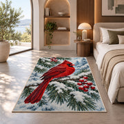 Cardinal on Snowy Branch Rug in a bedroom with an arched window