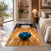 Bowling Lane Perspective Rug in a bedroom with an arched window