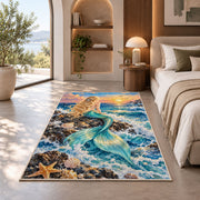 Mermaid on the Rock Rug in a bedroom with an arched window