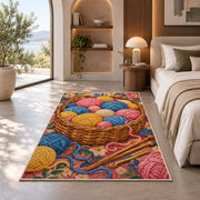 Basket of Yarn Rug in a bedroom with an arched window