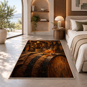 Oak Barrel and Whiskey Rug in a bedroom with an arched window