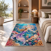 Underwater Castle Mermaid Rug in a bedroom with an arched window