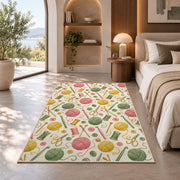 Knitting Tools Pattern Rug in a bedroom with an arched window