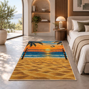 Beach Volleyball Sunset Rug in a bedroom with an arched window