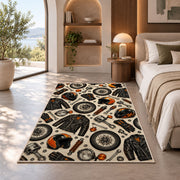 Biker Gear Pattern Rug in a bedroom with an arched window