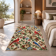 Backyard Birds Pattern Rug in a bedroom with an arched window