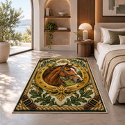 Horse Head in Horseshoe Rug in a bedroom with an arched window