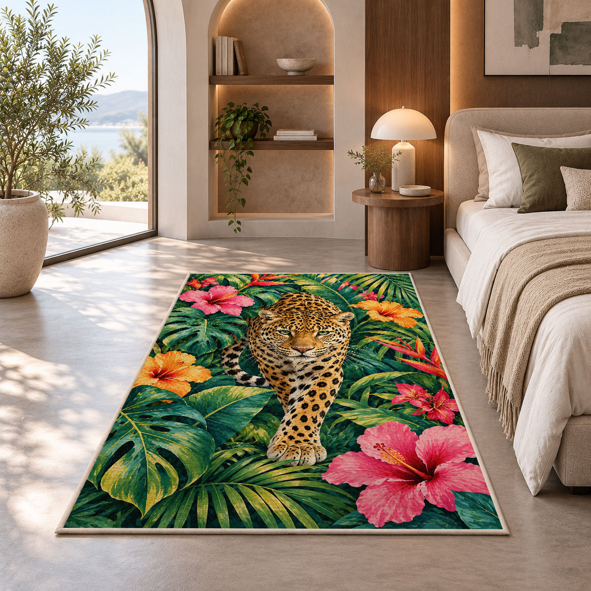 Leopard in Tropical Leaves Rug in a bedroom with an arched window
