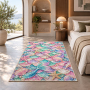 Mermaid Scales and Shells Pattern Rug in a bedroom with an arched window
