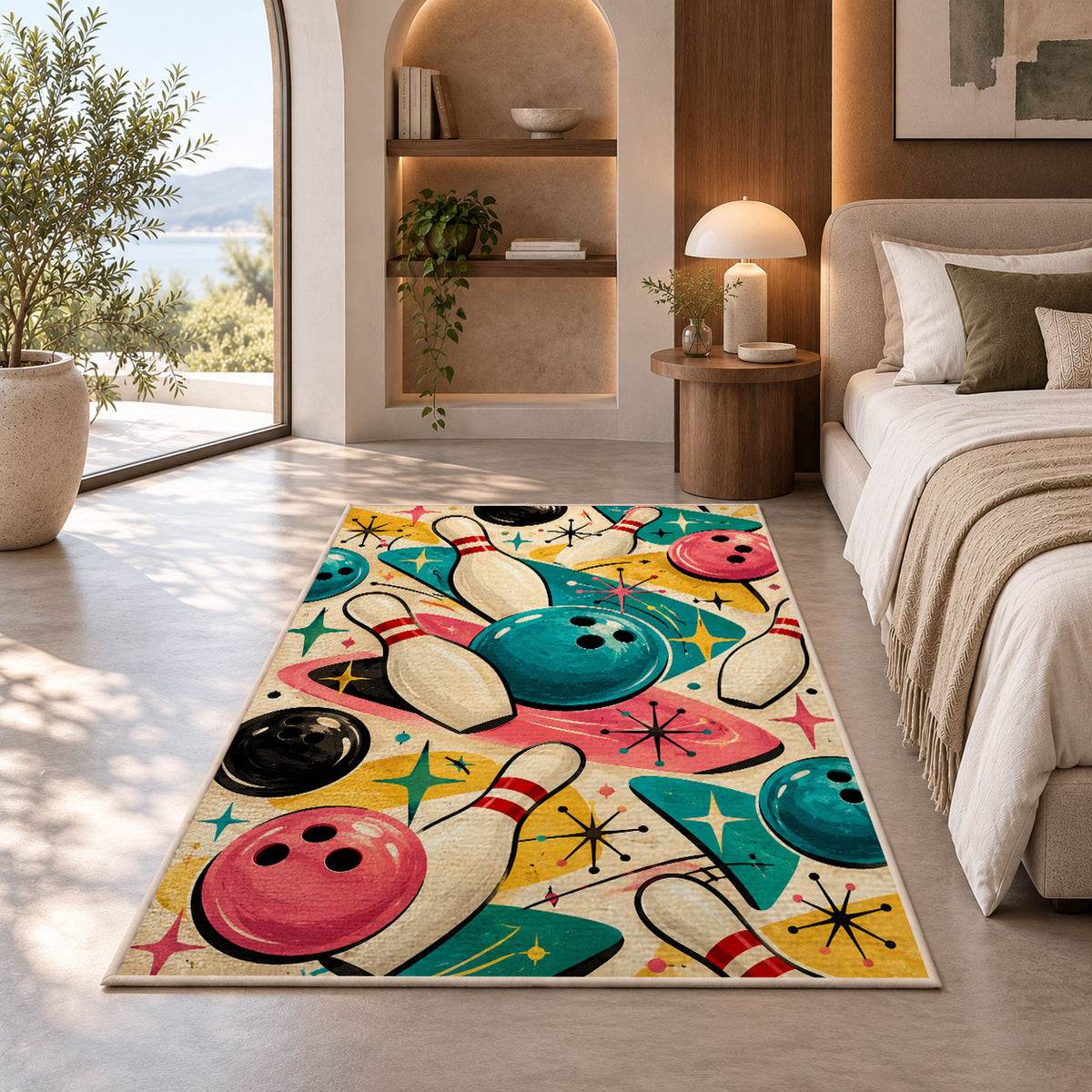 Retro 50s Bowling Rug in a bedroom with an arched window