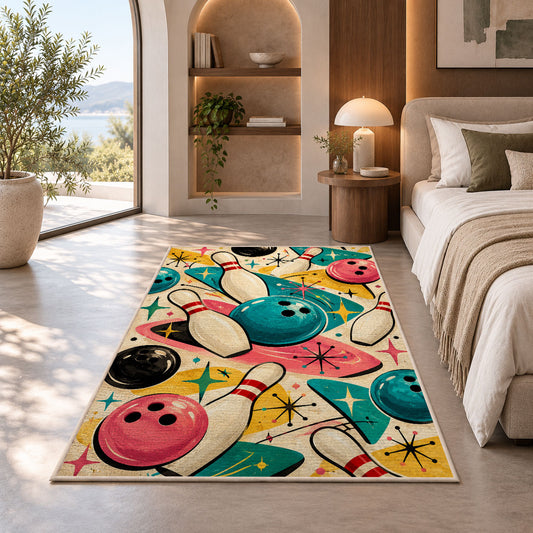 Retro 50s Bowling Rug in a bedroom with an arched window