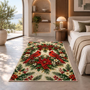 Two Cardinals and Wreath Rug in a bedroom with an arched window