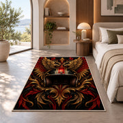 Winged Motorcycle Helmet Rug in a bedroom with an arched window