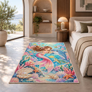Baby Mermaid and Dolphin Nursery Rug in a bedroom with an arched window