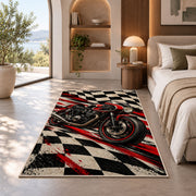 Racing Motorcycle Checkered Rug in a bedroom with an arched window