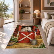Red Barn Door Horse Rug in a bedroom with an arched window