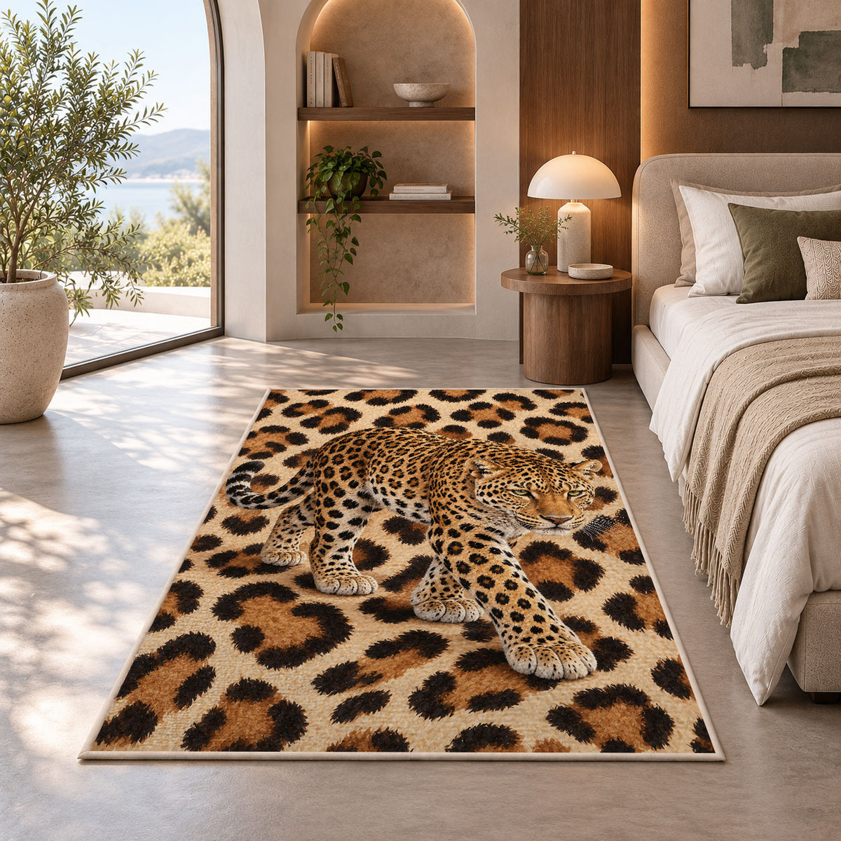 Leopard on Leopard Print Rug in a bedroom with an arched window