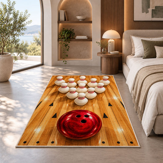 Bowling Pins Triangle Rug in a bedroom with an arched window