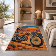 Chopper on Desert Highway Rug in a bedroom with an arched window