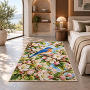 Bluebird on Blossom Branch Rug in a bedroom with an arched window