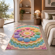 Circle of Yarn Balls Rug in a bedroom with an arched window