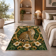 Vintage Leopard Oval Frame Rug in a bedroom with an arched window