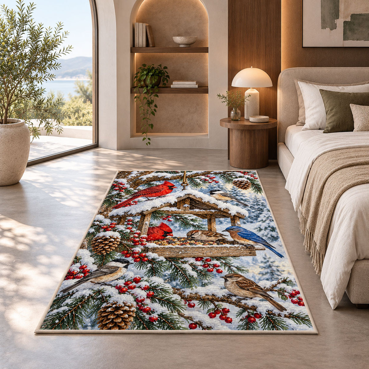 Winter Bird Feeder Rug in a bedroom with an arched window