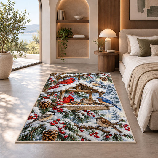 Winter Bird Feeder Rug in a bedroom with an arched window