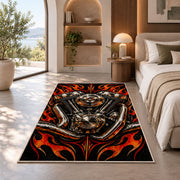 V-Twin Engine Flames Rug in a bedroom with an arched window
