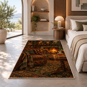 Man Cave Fireplace Rug in a bedroom with an arched window