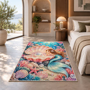 Pearl Shell and Mermaid Rug in a bedroom with an arched window