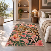Leopard on Pink Hibiscus Rug in a bedroom with an arched window