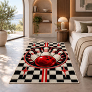 Checkered Bowling Rug in a bedroom with an arched window