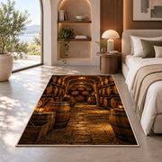 Stacked Barrels Cellar Rug in a bedroom with an arched window