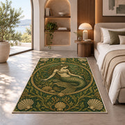 Vintage Engraved Mermaid Rug in a bedroom with an arched window