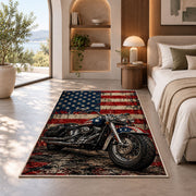 Motorcycle and American Flag Rug in a bedroom with an arched window